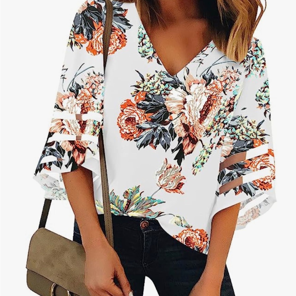 LookbookStore Women's V Neck Shirt Printed Top 3/4 Bell Sleeve Mesh Panel Blouse